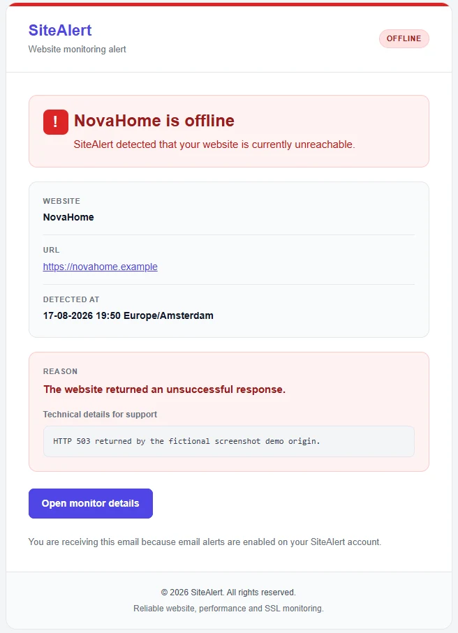 SiteAlert email alert for a fictional website outage