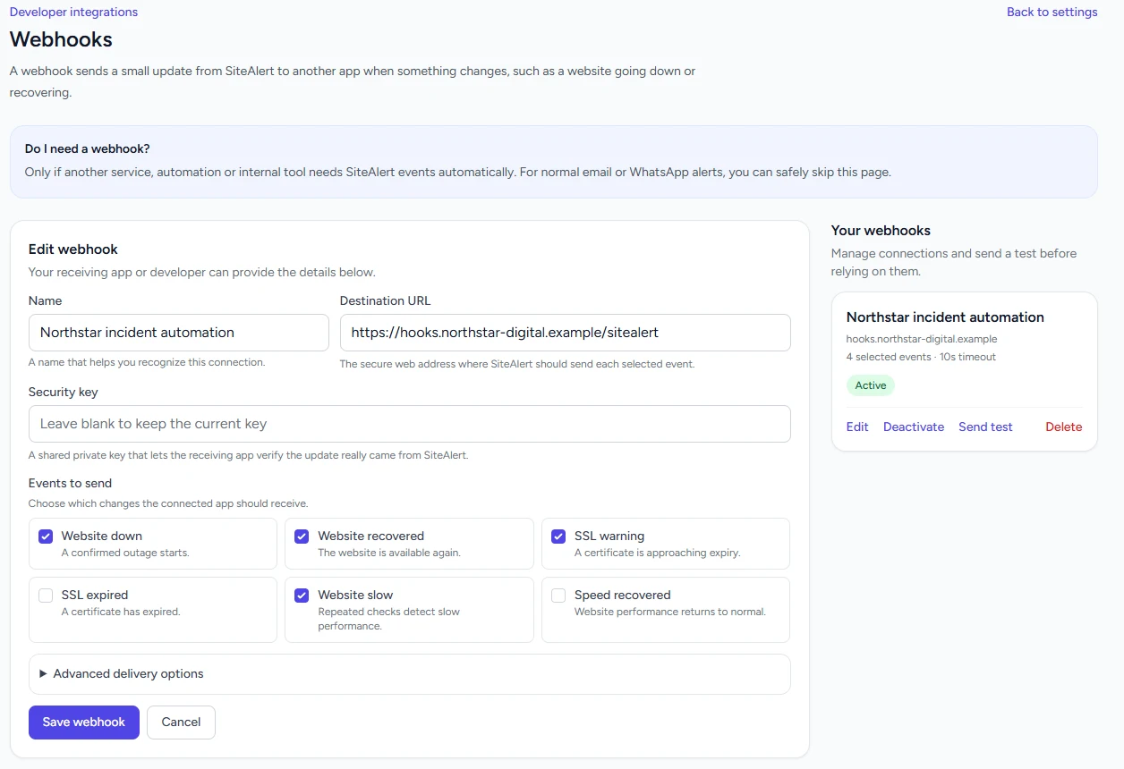 SiteAlert webhook settings and successful delivery history using fictional data